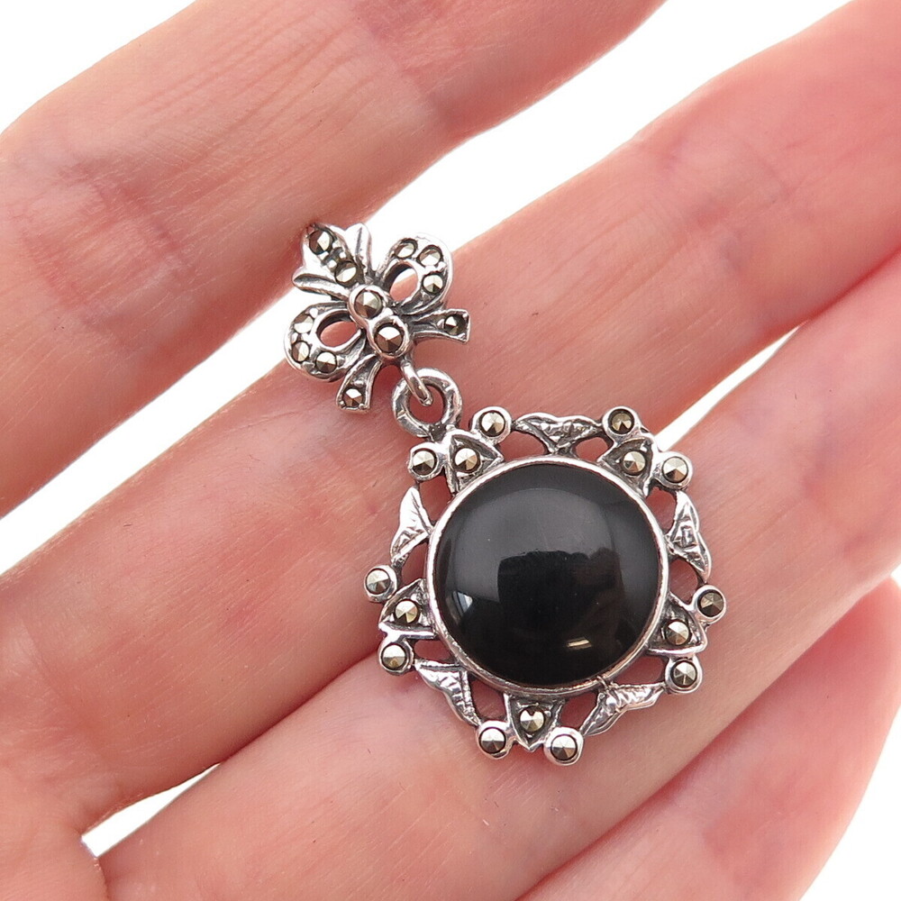 925 Sterling Silver Vintage Real Black Onyx Marcasite Bow Oxidized Charm Pendant